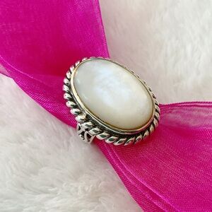 Vintage Sterling Silver FD Mother of Pearl Oval Statement Ring 925 Rope Edge